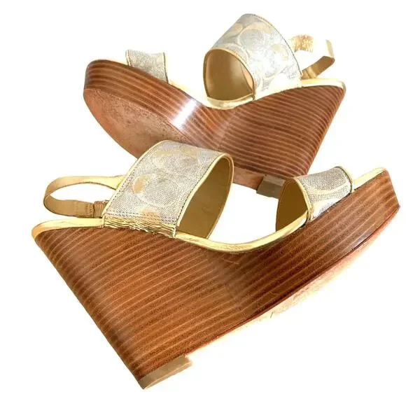 Coach Jezebel Metallic Logo Wood Heel Open Toe Buckle Wedge in Gold Silver 8.5